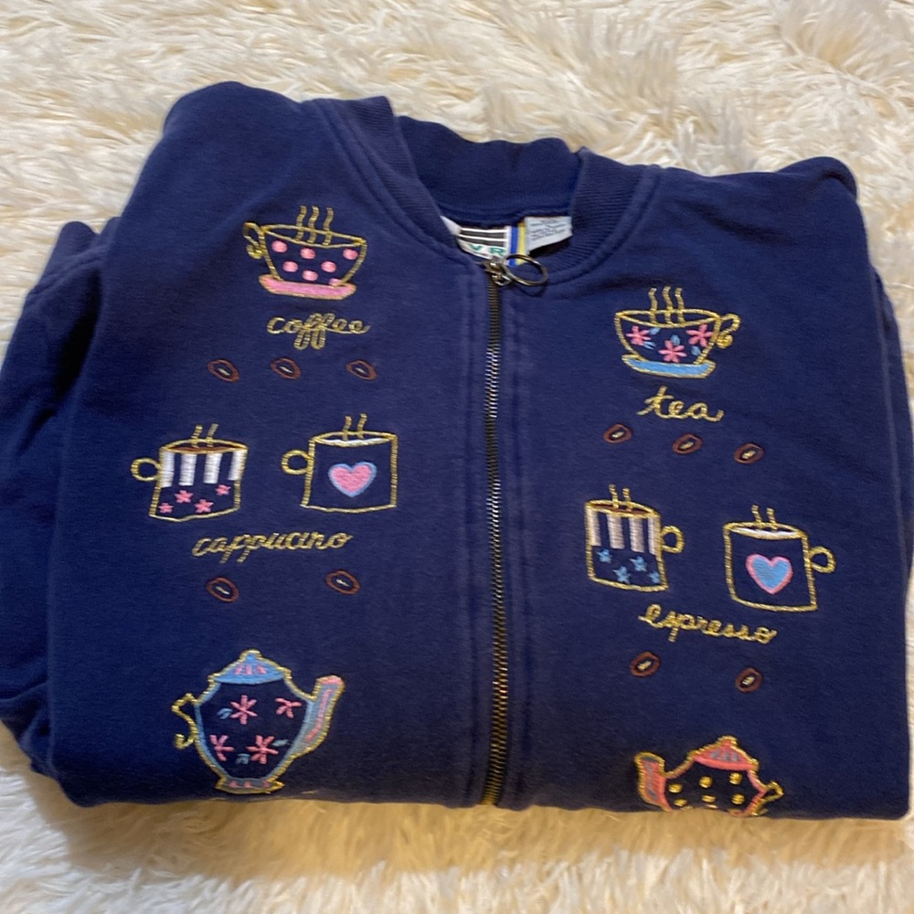Vintage Blue Coffee & Tea Embroidered Zip Up Jacket EVR